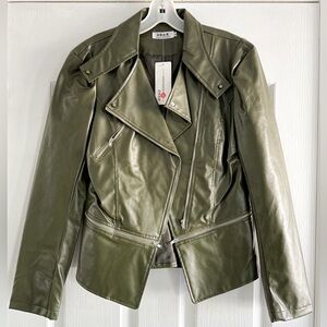HANYAGEDIAO Olive Green Women's Vegan Leather Moto Jacket